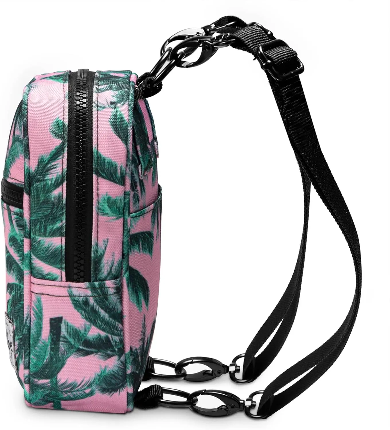 Vibe Festival Gear Small Crossbody Sling Bag for Women Men 5in1 Multi-Use from (rPET) Recycled Polyester Belt Bag Cross Body Backpack Fanny Pack Purse - Pink Tropical Palm Trees