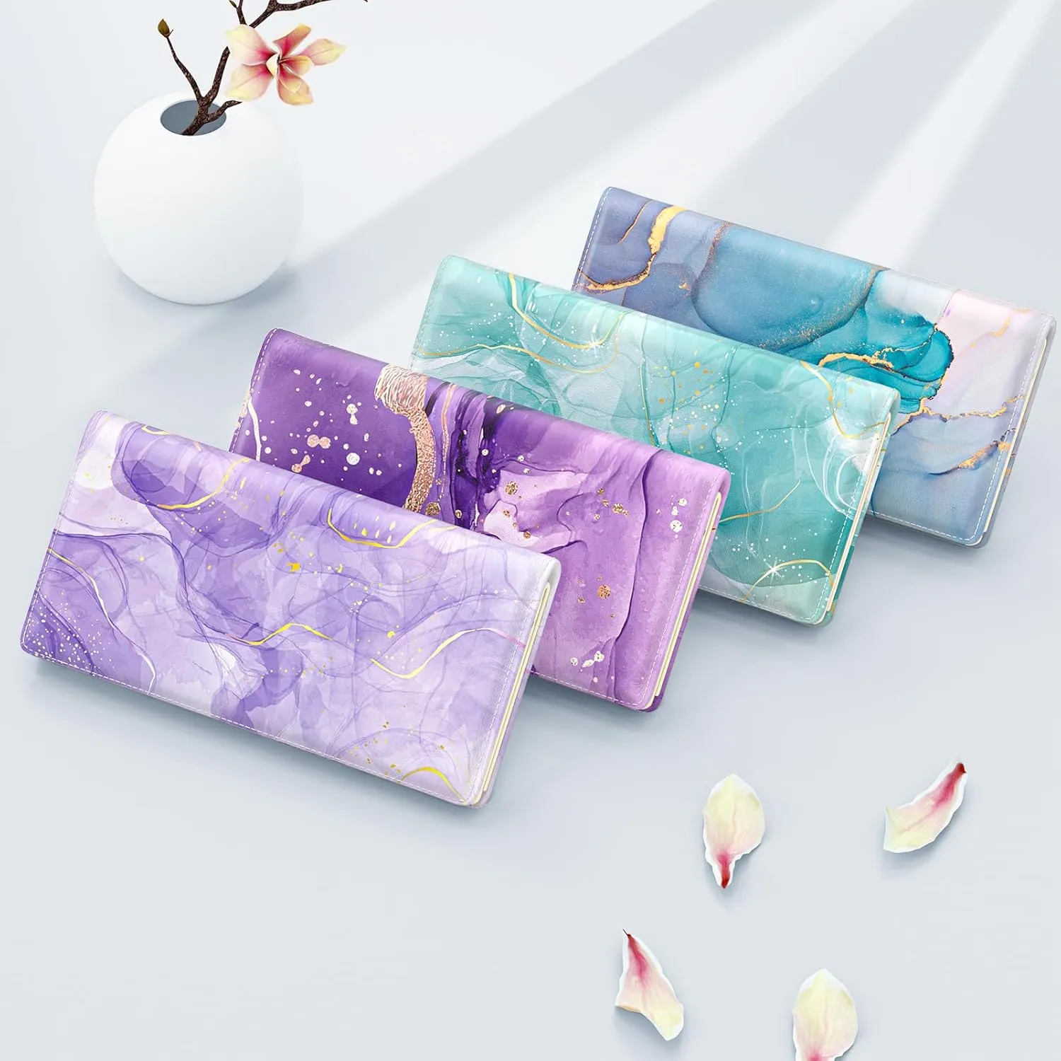 Wallet Women, Cute Marble RFID Blocking Credit Card Holder for Women, Slim Thin Leather Bifold Ladies Purse, Clutch Billfold Card Holder Wallets with 11 Card Slots & ID Window, Blue Ink