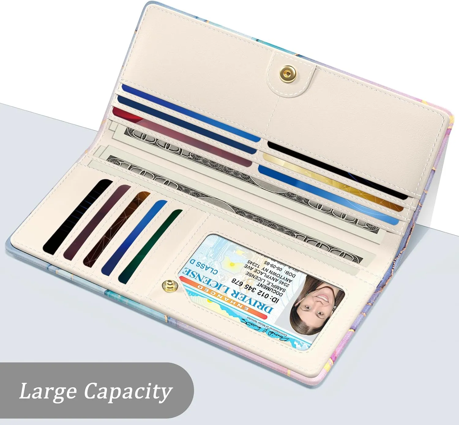 Wallet Women, Cute Marble RFID Blocking Credit Card Holder for Women, Slim Thin Leather Bifold Ladies Purse, Clutch Billfold Card Holder Wallets with 11 Card Slots & ID Window, Blue Ink