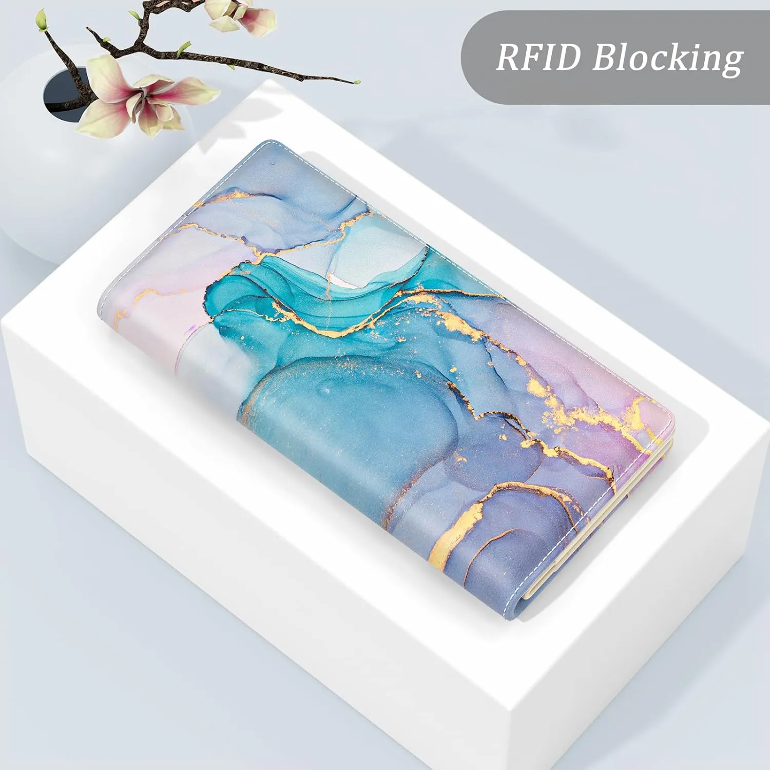 Wallet Women, Cute Marble RFID Blocking Credit Card Holder for Women, Slim Thin Leather Bifold Ladies Purse, Clutch Billfold Card Holder Wallets with 11 Card Slots & ID Window, Blue Ink