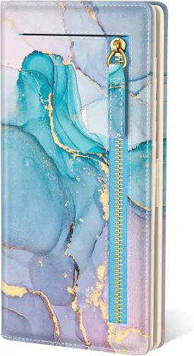 Wallet Women, Cute Marble RFID Blocking Credit Card Holder for Women, Slim Thin Leather Bifold Ladies Purse, Clutch Billfold Card Holder Wallets with 11 Card Slots & ID Window, Blue Ink
