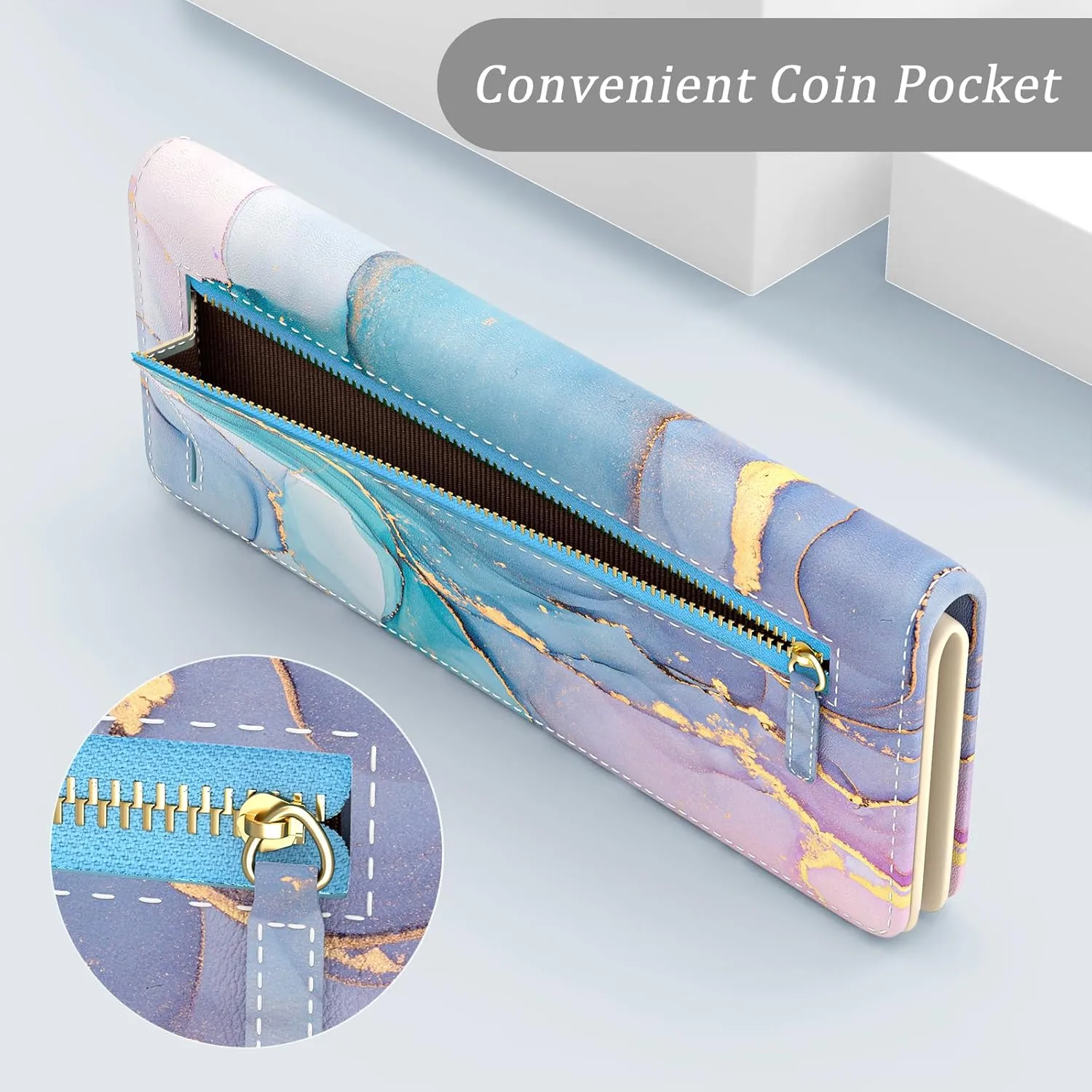 Wallet Women, Cute Marble RFID Blocking Credit Card Holder for Women, Slim Thin Leather Bifold Ladies Purse, Clutch Billfold Card Holder Wallets with 11 Card Slots & ID Window, Blue Ink
