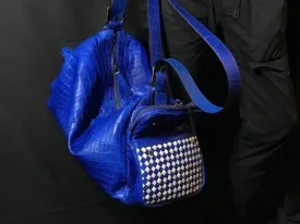 Washed Soft Woven Crocodile Skin Leather Gym Duffel Bag Blue