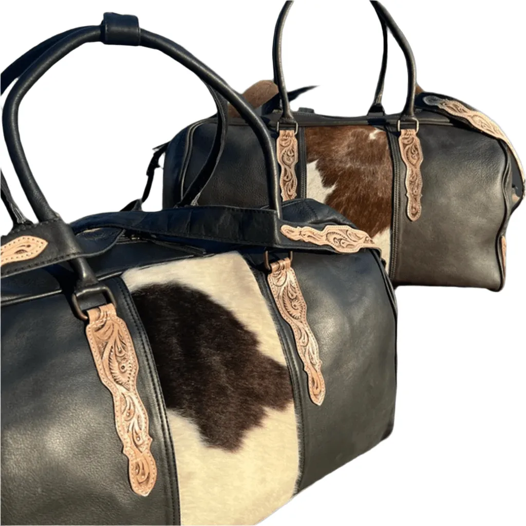 Western Tooled Leather Duffle Bag – Spacious 21” Design with Hand Tooling, Zip Pockets & Adjustable Strap