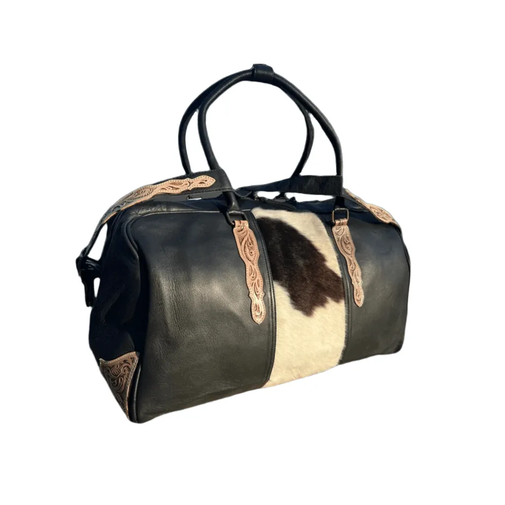 Western Tooled Leather Duffle Bag – Spacious 21” Design with Hand Tooling, Zip Pockets & Adjustable Strap