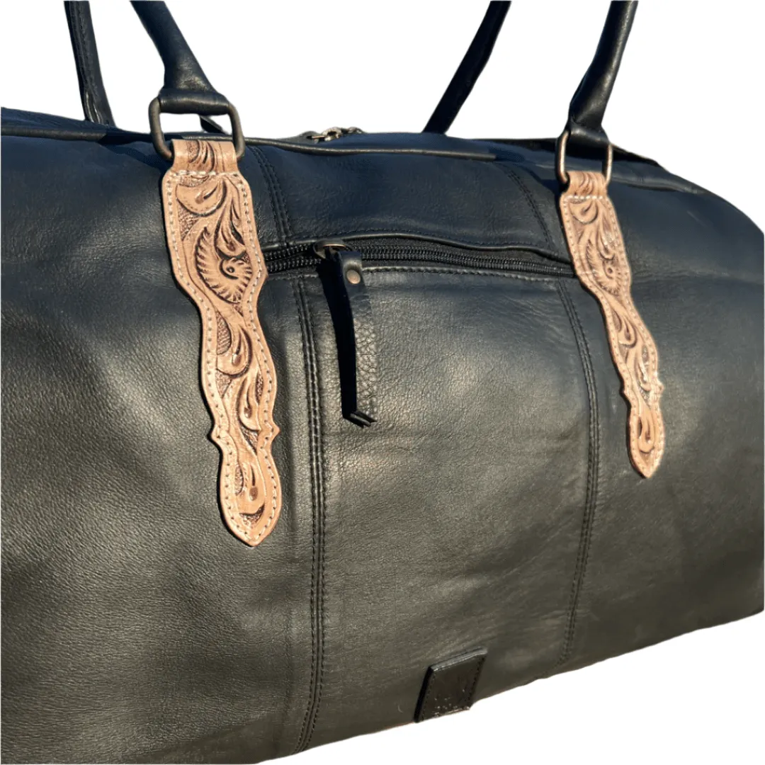 Western Tooled Leather Duffle Bag – Spacious 21” Design with Hand Tooling, Zip Pockets & Adjustable Strap