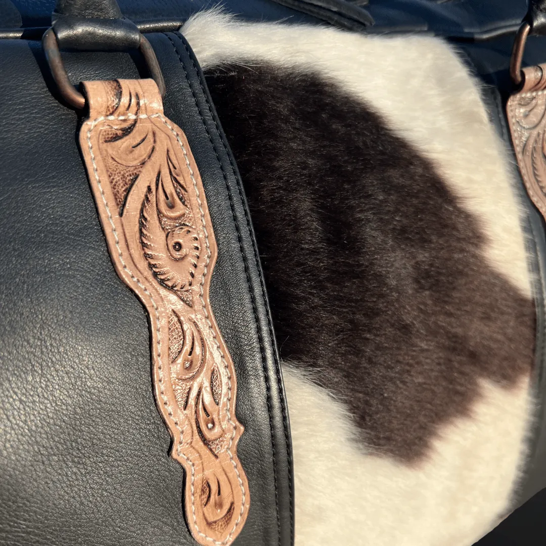 Western Tooled Leather Duffle Bag – Spacious 21” Design with Hand Tooling, Zip Pockets & Adjustable Strap
