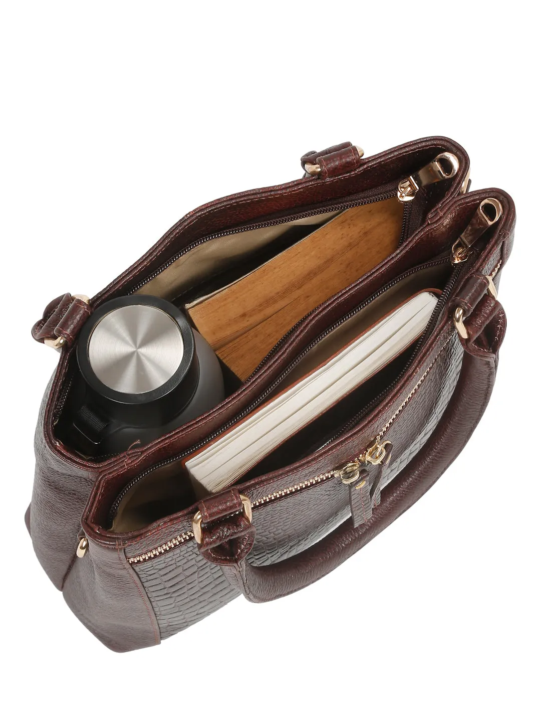 Women Brown Texture Leather Structured Handheld Bag