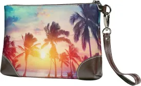 Women Leather Clutch Purse Wristlet Handbag Tropical Beach Sunset Small Cell Phone Purse With Wrist Straps