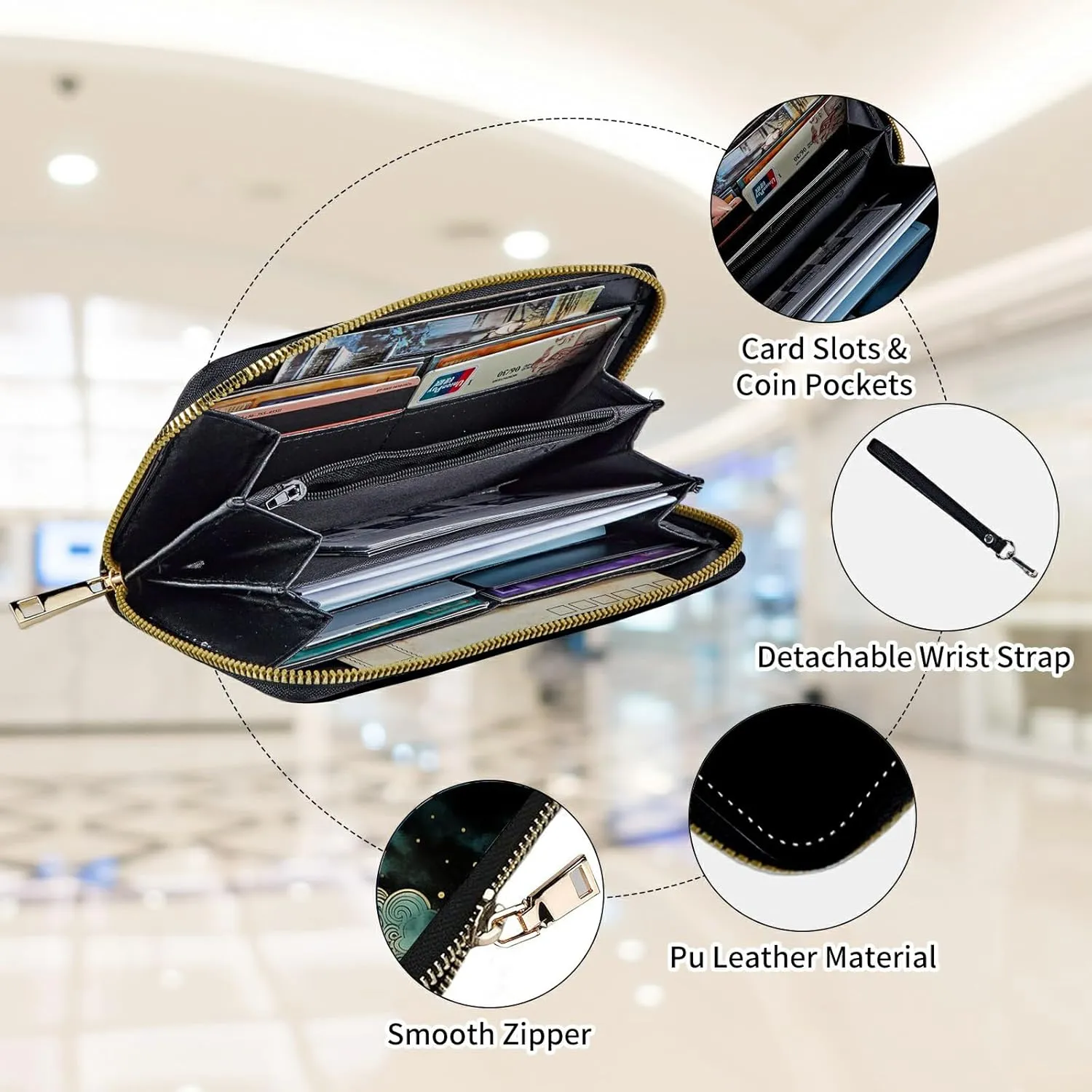 Womens Wallet, Large Capacity RFID Blocking PU Leather Wristlet Wallets for Women Ladies Men Credit Card Holder Zipper Wallet Phone Holder Clutch Travel Purse, Art Moon Starry Night