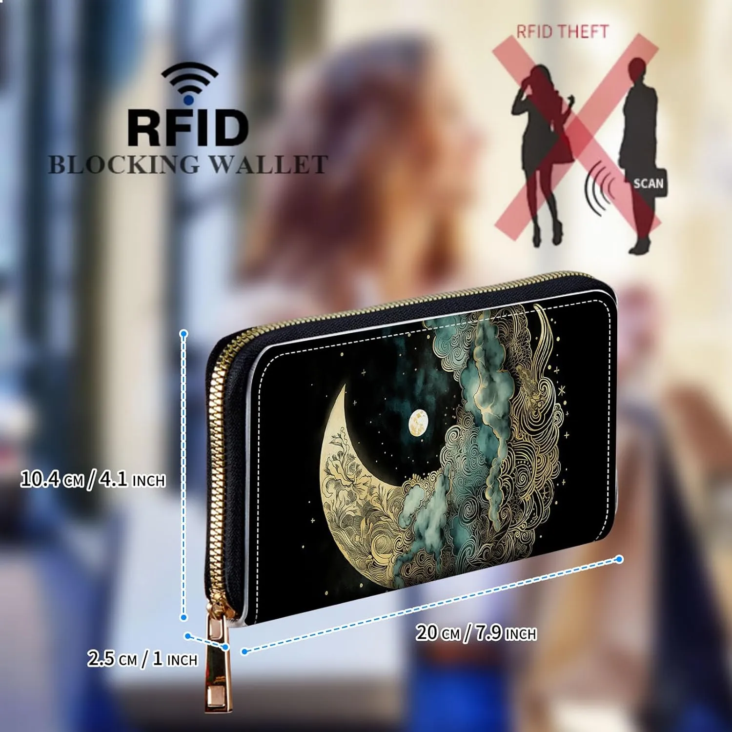 Womens Wallet, Large Capacity RFID Blocking PU Leather Wristlet Wallets for Women Ladies Men Credit Card Holder Zipper Wallet Phone Holder Clutch Travel Purse, Art Moon Starry Night