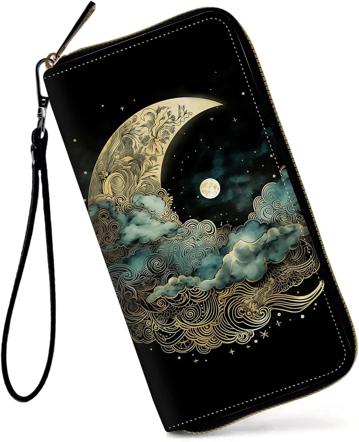 Womens Wallet, Large Capacity RFID Blocking PU Leather Wristlet Wallets for Women Ladies Men Credit Card Holder Zipper Wallet Phone Holder Clutch Travel Purse, Art Moon Starry Night