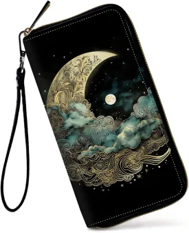 Womens Wallet, Large Capacity RFID Blocking PU Leather Wristlet Wallets for Women Ladies Men Credit Card Holder Zipper Wallet Phone Holder Clutch Travel Purse, Art Moon Starry Night