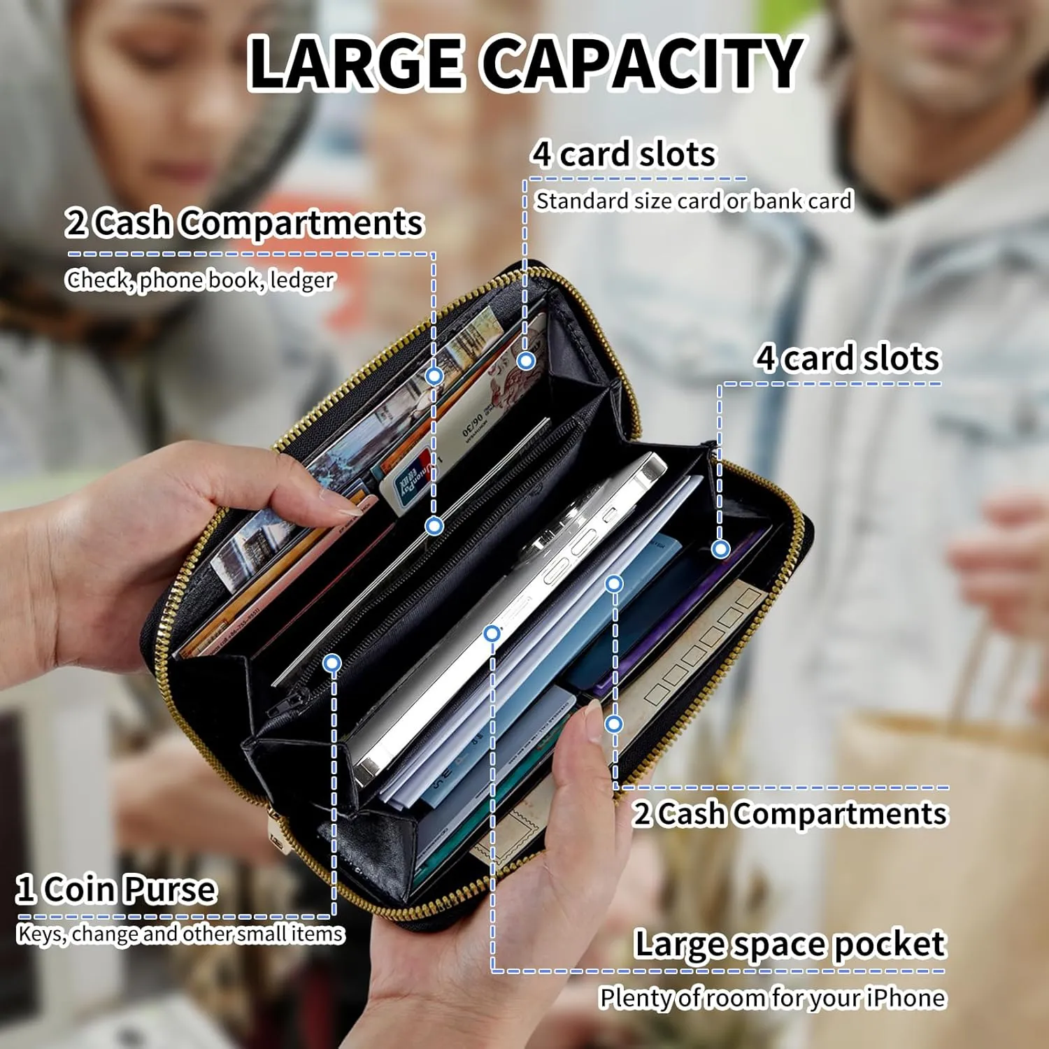 Womens Wallet, Large Capacity RFID Blocking PU Leather Wristlet Wallets for Women Ladies Men Credit Card Holder Zipper Wallet Phone Holder Clutch Travel Purse, Bookshelf