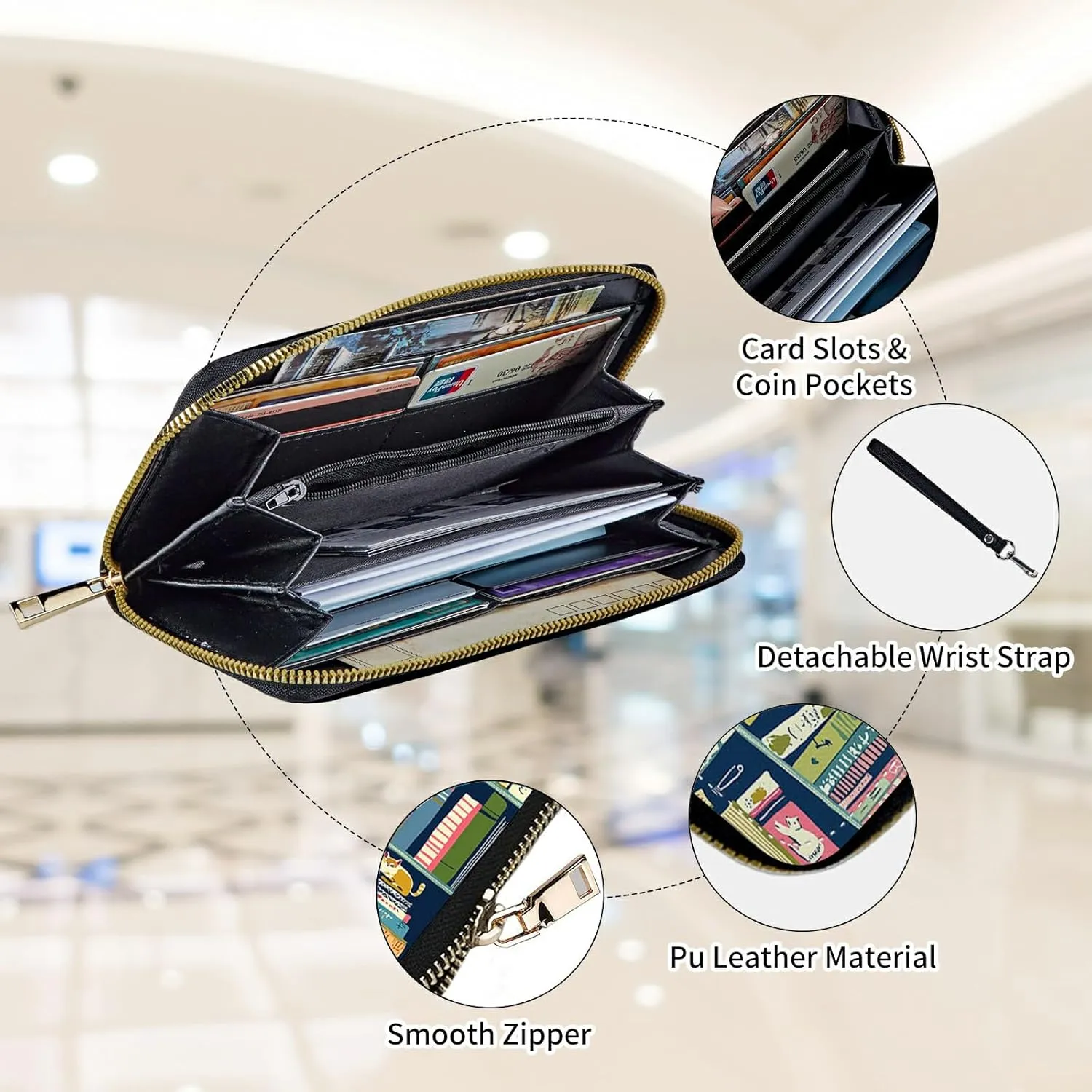 Womens Wallet, Large Capacity RFID Blocking PU Leather Wristlet Wallets for Women Ladies Men Credit Card Holder Zipper Wallet Phone Holder Clutch Travel Purse, Bookshelf