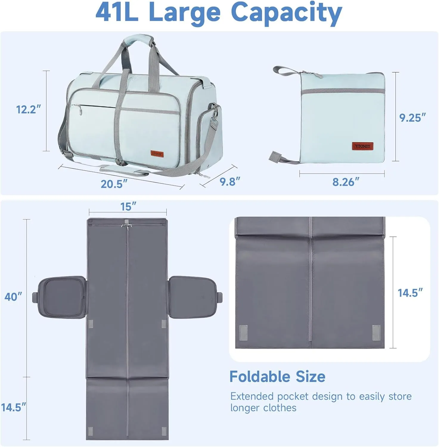 Ytonet Foldable Garment Duffle Bags for Travel, Carry On Convertible Duffel Bag with Shoe Compartment & Water Resistant Fabric, 2-in-1 Hanging Suit Organizer, Mint Green
